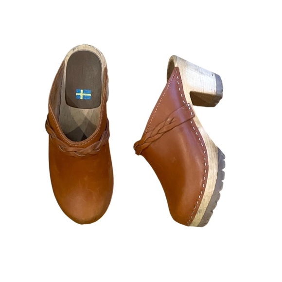 MIA Tan brown Swedish clogs  braided mid high heel 37 7 - Picture 1 of 6